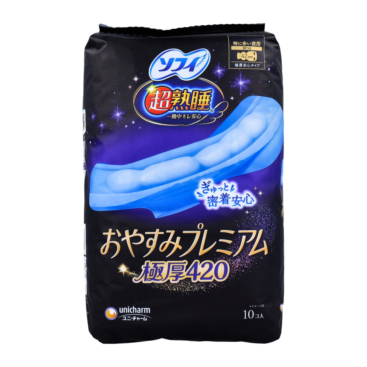 生理用ナプキン ユニ・チャーム 超熟睡 一晩中モレ安心 おやすみプレミアム 極厚420 極厚安心タイプ 特に多い夜用 羽つき 42cm 10個入り X6パック