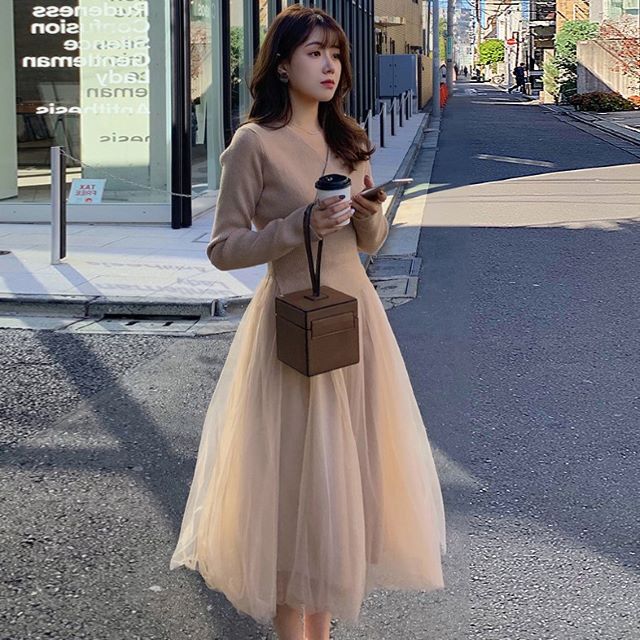 チュールスカート ワンピース 大きいサイズ レディース ワンピース ドッキングワンピース ロング カシュクール ニット ミモレ ベージュ 黒