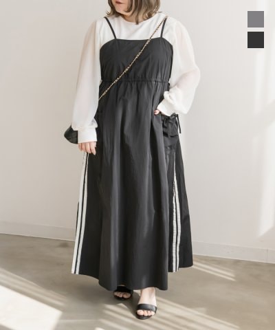 大きいサイズ レディース LL 3L 4L XL XXL XXXL リボンポケットナイロンキャミワンピース