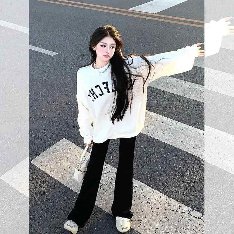 「品質良い」アメリカン トップス シック オーバー ショート レイジー ホワイト スウェットシャツ サイズ 秋冬 スタイル 24 スタイル ラウンドネック