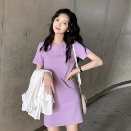 ワンピース モテアイテム カラバリ豊富 ミニ ミニ丈 半袖 ラウンドネック スリム 細身 Aライン 伸縮性 通気性 薄手 かわいい 可愛い きれいめ シンプル カジュアル おしゃれ お洒落