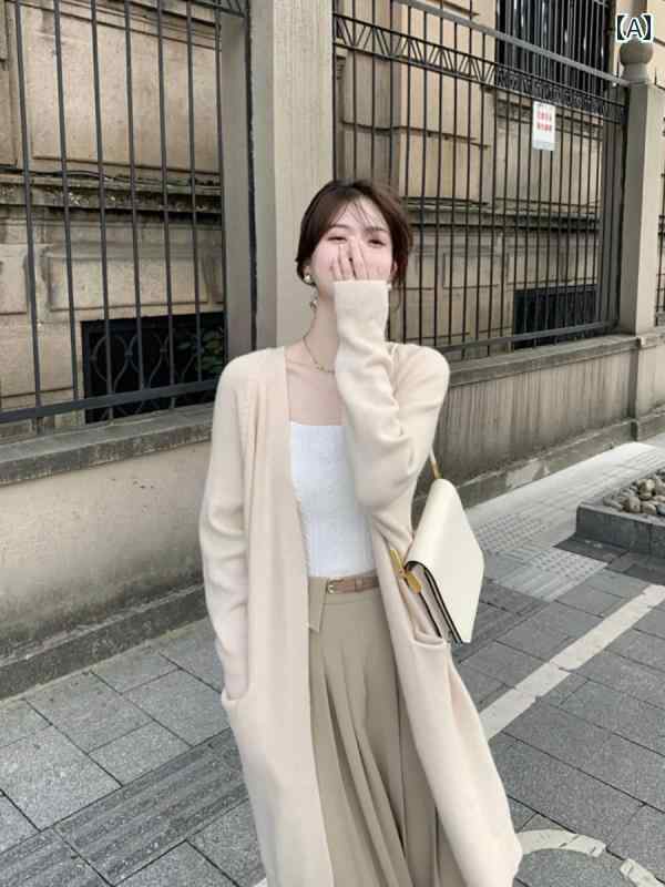 ニット レディース おしゃれ カーディガン カジュアル ロング 丈 春秋 ソフト 長袖 セーター ホワイト グレー ブラック