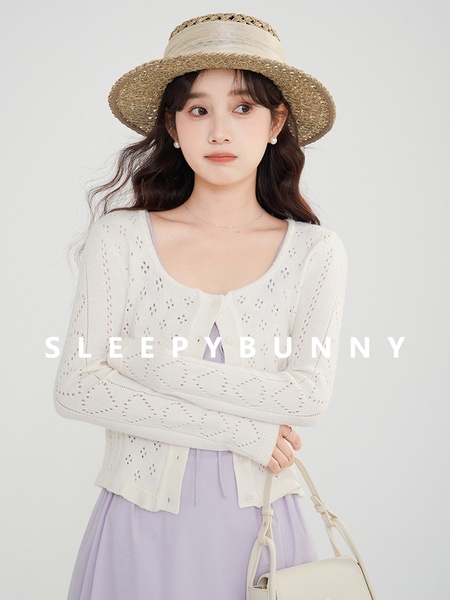Sleepy Rabbit Uネック ウール シングルブレスト 中空カーディガン