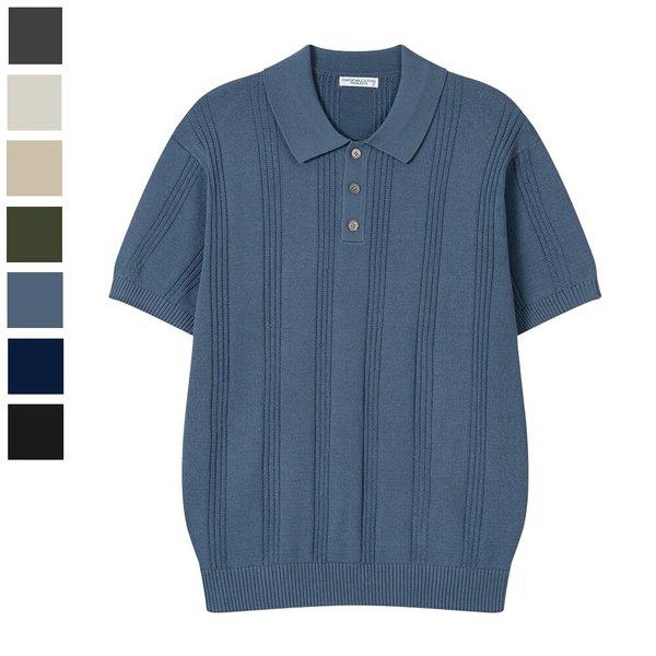 メンズプレスンリネンカラーネック短冊半袖ニットTシャツ AS-KNH-Q036-ブルー