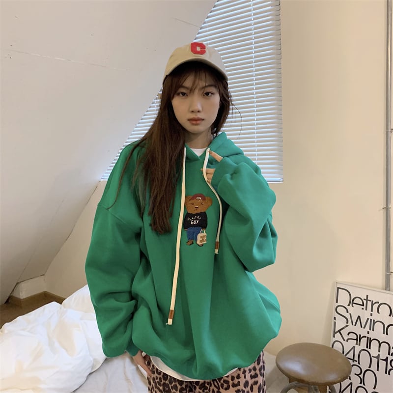 パーカー スウェット 刺繍ロゴ クマ テディベアー プルオーバーフード付き フーディー ロング丈