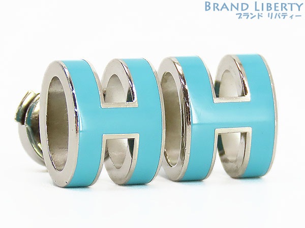 美品エルメスポップHポップアッシュHモチーフピアスブルーシルバー