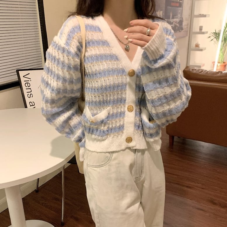 3color レディース クロシェカーディガン ニット ボーダー柄 配色 切替 カーディガン