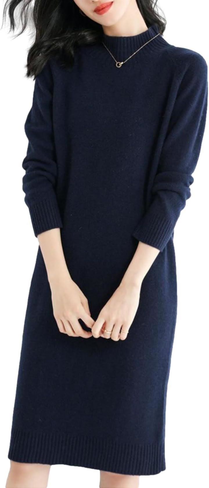 ニット ワンピース 柔らか素材 ひざ丈 シワになりにくい 清楚 オフィス 普段着 大人 セットアップ風 JS22(ネイビー, XL)