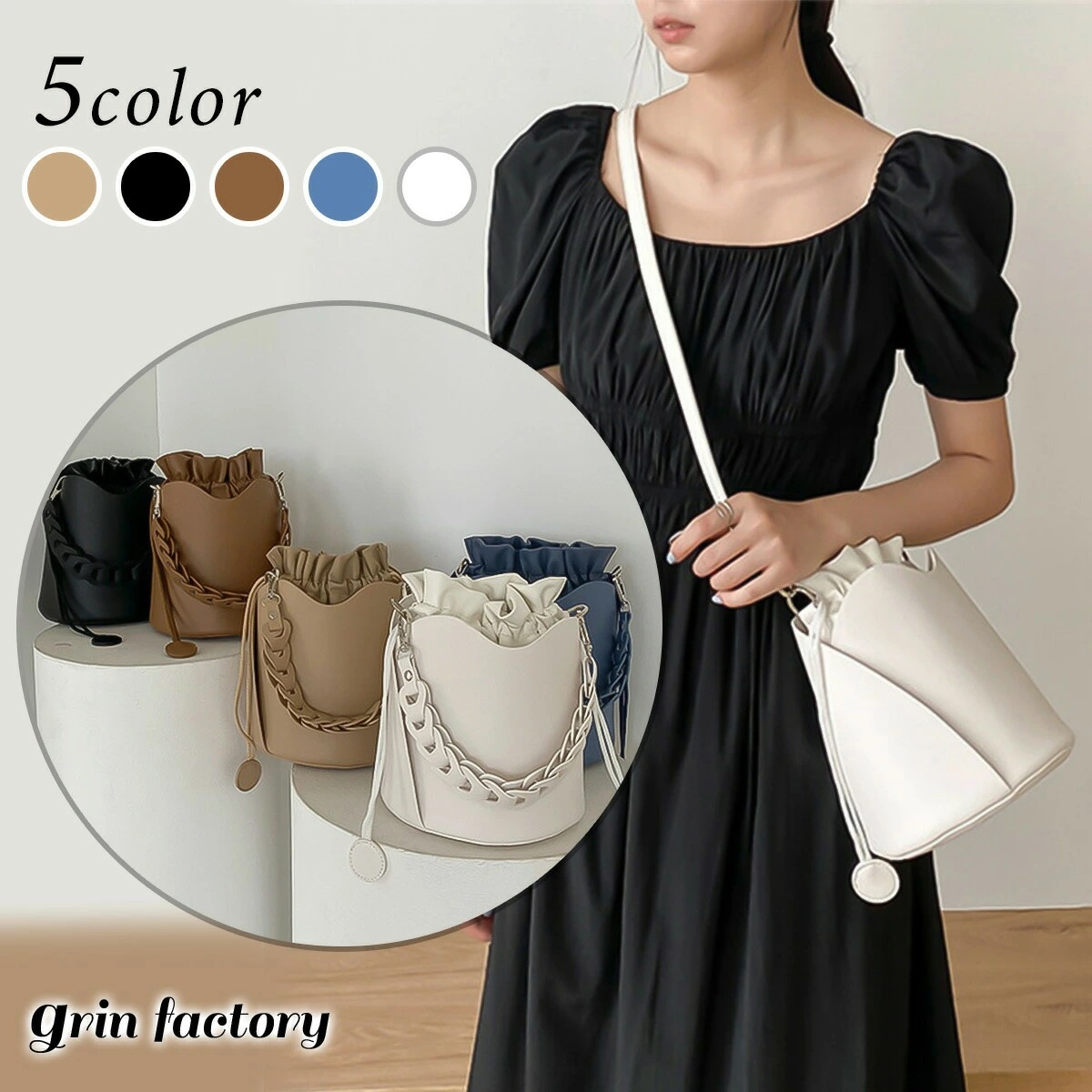 【国内発送】ハンドバッグ ショルダーバッグ 2way バッグ 小さめ レディース バケットバッグ ブラック ショルダーストラップ おしゃれ 上品 巾着バッグ 女性 鞄 斜めがけ 肩掛け [K] (Q)