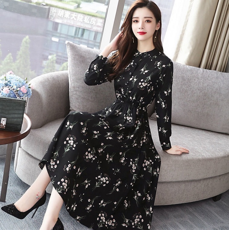 ワンピース 膝下 ミディ丈 袖あり 長袖 襟なし 丸襟 Aライン ウエストマーク かわいい 大人可愛い きれいめ シンプル カジュアル 大人 上品 おしゃれ お洒落 大人女子 こなれ感 ラフ ラブリー