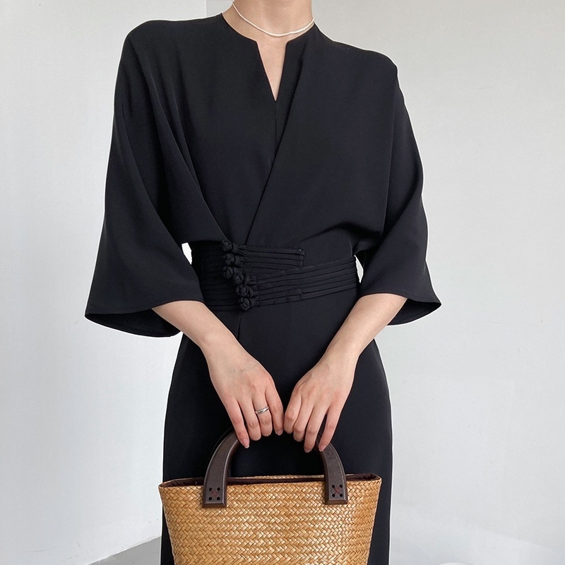 ワンピース ロングワンピース 7分袖 Vネック ウエストマーク ロング丈 かわいい 大人可愛い きれいめ シンプル カジュアル 上品 おしゃれ かっこいい 大人女子 こなれ感 個性的 きちんと 主役級