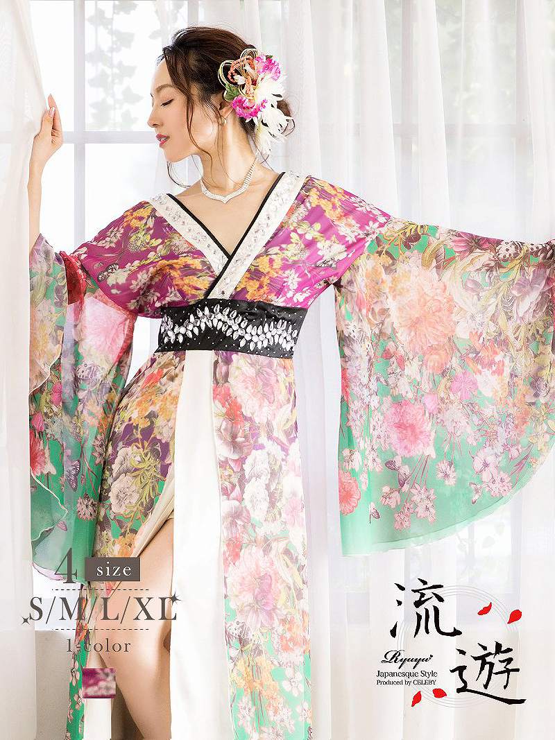 キャバドレス 和柄 着物ドレス ロング キャバクラドレス イベント 花魁 コンパニオン 仮装 和柄ドレス キャバ嬢 XL 流遊