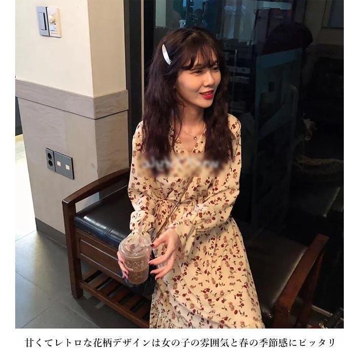 春 夏 ワンピース 長袖 レディース 花柄ワンピース 春秋 長袖ワンピース シフォンワンピ Vネック ロングワンピ 花柄 マキシ丈ワンピース レトロ