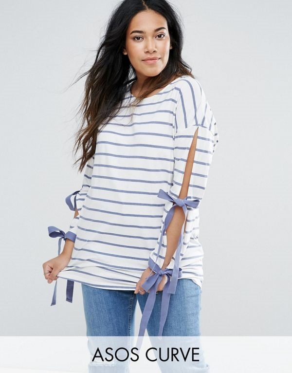 ASOS エイソス レディース 大きめサイズ ゆったりサイズ 送料無料 Multi CURVE Top with Tie Sleeves in Stripe