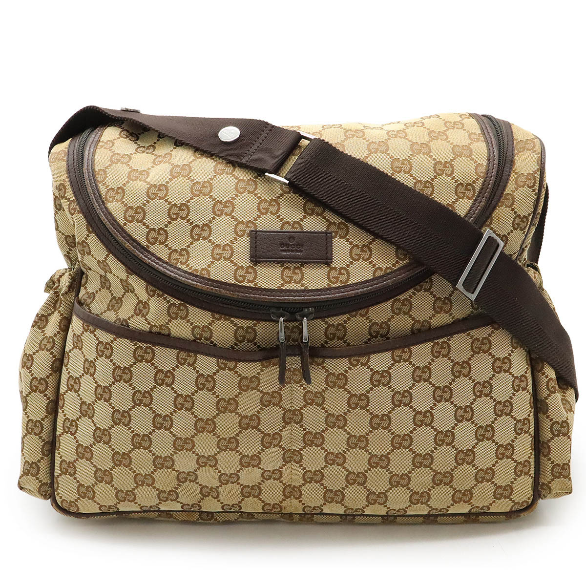 GGキャンバス マザーズバッグ メッセンジャーバッグ ショルダーバッグ レザー カーキベージュ ダークブラウン 茶 12332