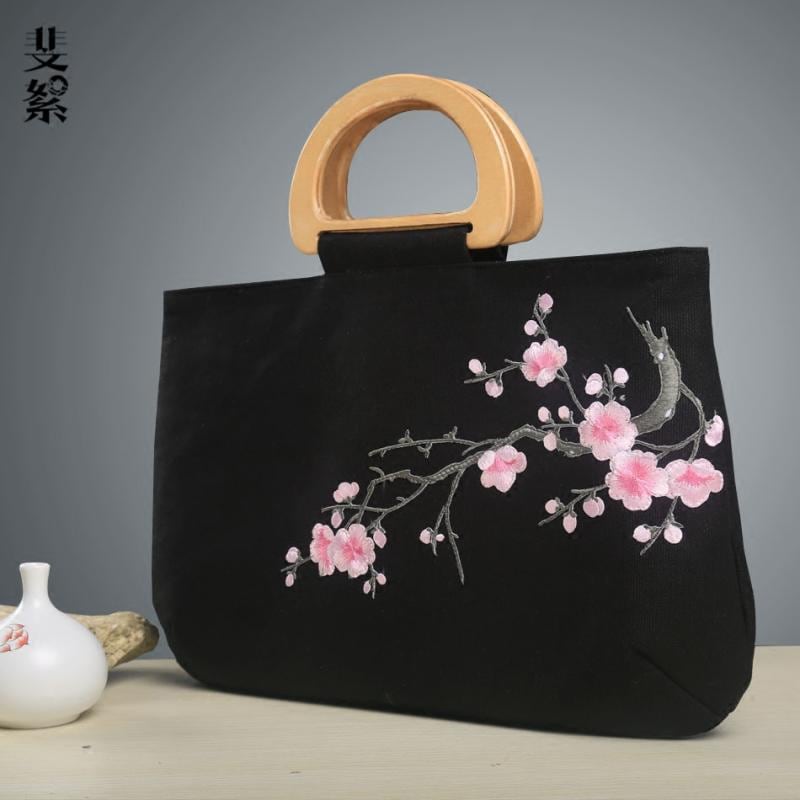 ハンドバッグ レディース チャイナ風 トート おしゃれ 横長 ファスナー ポケット コットン キャンバス 布 禅 梅の花 刺繍 木製 ハンドル 手提げ