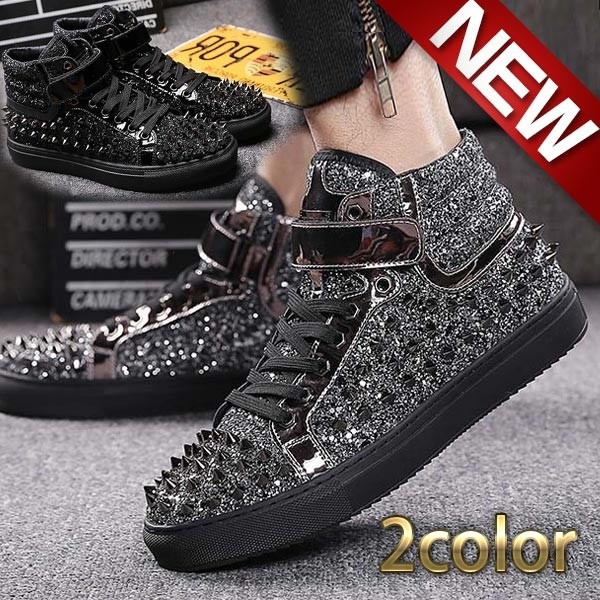 スニーカー ハイカット メンズ レディース ベルクロ レースアップ ヒールアップ シークレット ブラック シルバー 身長5.５cmアップ