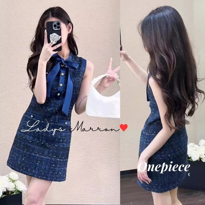 最終在庫ツイードワンピース ミニ ノースリーブ リボン キャバ嬢ドレス キャバドレス ミニドレス 韓国 青 ブルー 成人式ドレス タイトワンピ タイトドレス 二次会ドレス ワンピース ミニワンピース