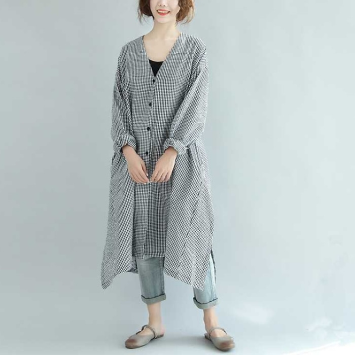 レディース ワンピース シャツ 前開き 膝下 長袖 Vネック 襟なし ワイド バックリボン シンプル カジュアル おしゃれ こなれ感 ラフ 個性的 クール モダン 主役級 存在感 ベーシック