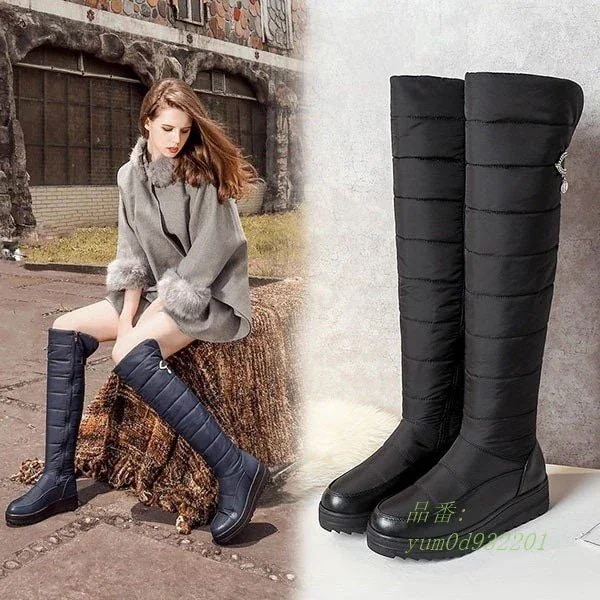スノーシューズ 裏地ボア 黒 ウインターブーツ 雪靴 ロングブーツ ローヒール 通学 サイドジップ ネイビー 中綿 撥水 防寒 レディース