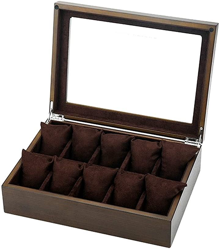 高級 木製 腕時計 収納 ボックス 10本用 コレクション ケース ディスプレイ 透明ガラス 箱 クッション付き J84 ダークブラウン