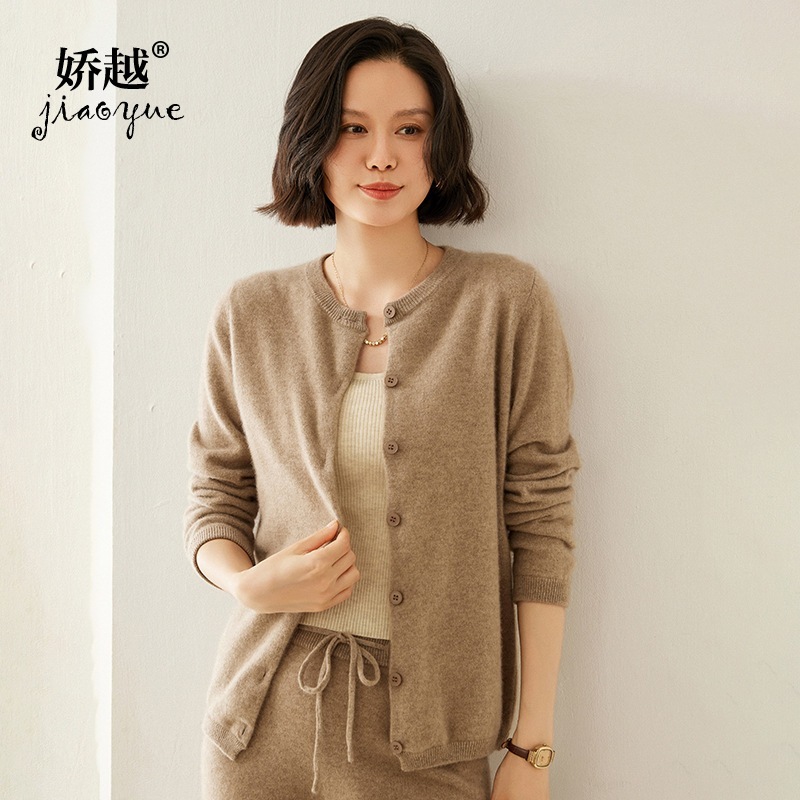 レディース カシミア ラウンドネック カーディガン カジュアル ニット ボトリング カシミア 長袖 ジャケット カーディガン