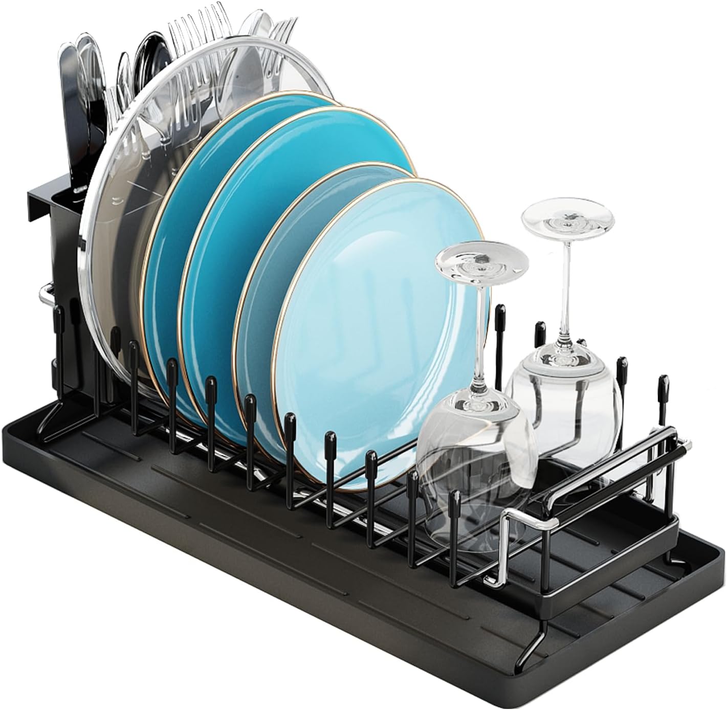 シンク用食器乾燥ラック 小型・拡張可能 シリコン水滴トレイとカトラリーホルダー付き 36cmから48cmのシンク対応