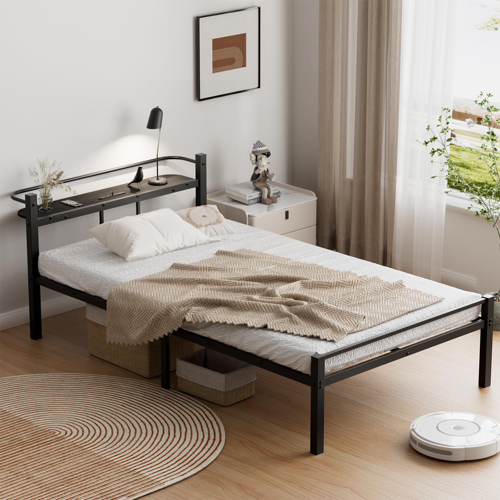 [SuperKois] ベッドフレーム シングル ベッド 宮棚 2口コンセント USB&Type-C パイプベッド 耐荷重300kg 頑丈 静音 耐久性 通気性 湿気対策 組立簡単 床下収納高さ31c