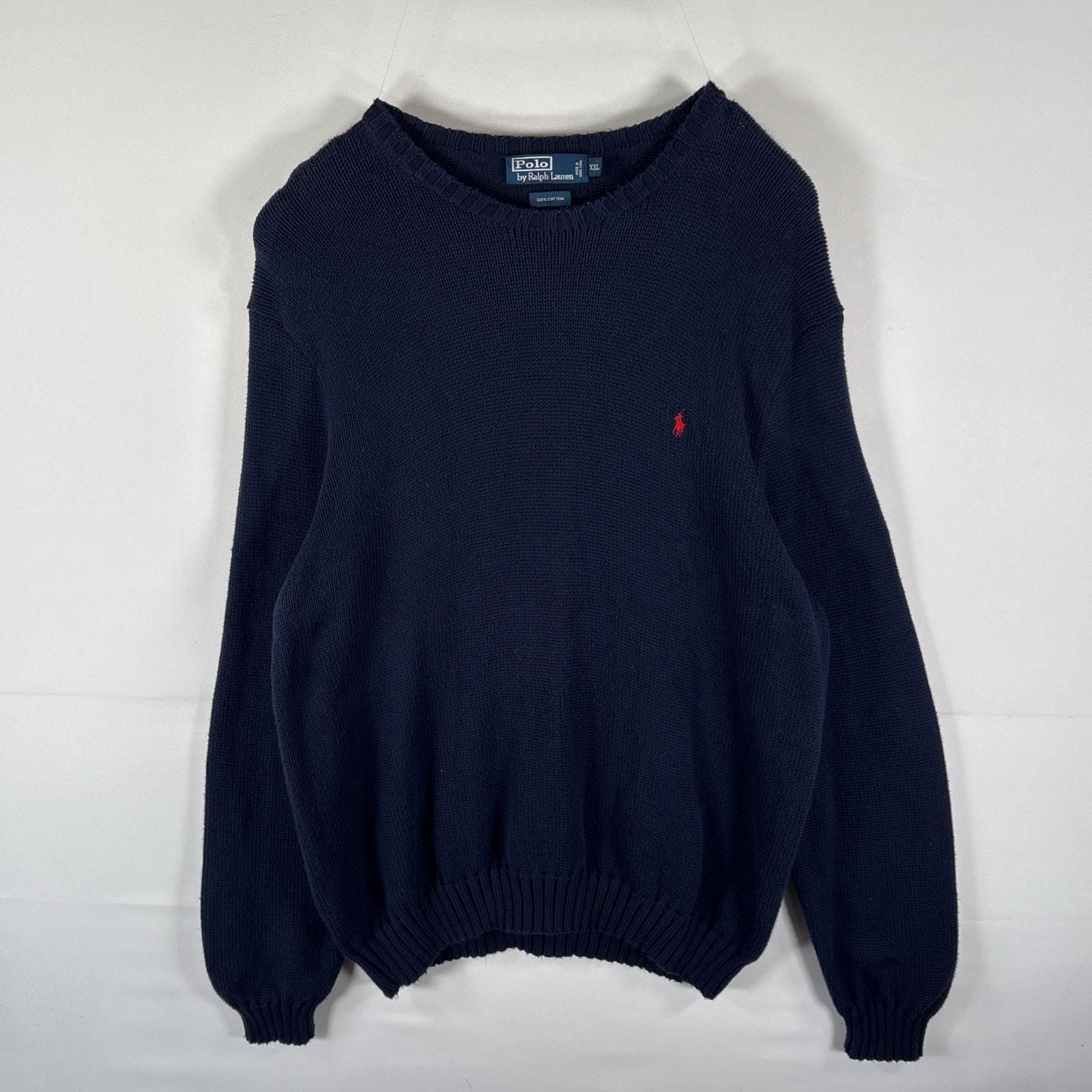 古着 ポロバイラルフローレン Polo by Ralph Lauren ニット コットンセーター ワンポイントロゴ刺繍 クルーネック 大きいサイズ XXL ネイビー メンズ