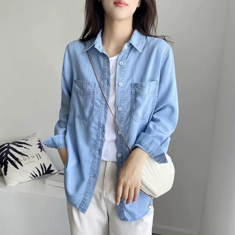 トップス デニムシャツ 羽織 薄手 シャツ Tシャツ 袖あり 長袖 襟付き ストレート 前開き 伸縮性 デニム かわいい 可愛い きれいめ シンプル カジュアル 大人 上品 おしゃれ お洒落 4,752円