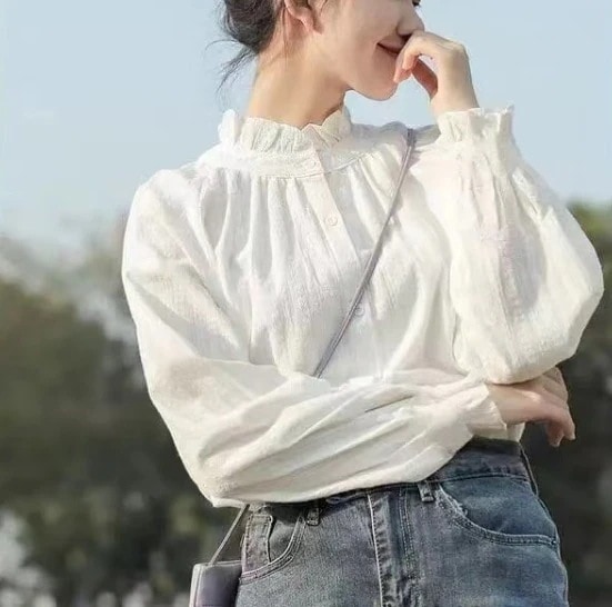 白シャツ レディース 24 スタンドカラー キノコ 甘めデザイン 和風レイヤードシャツ