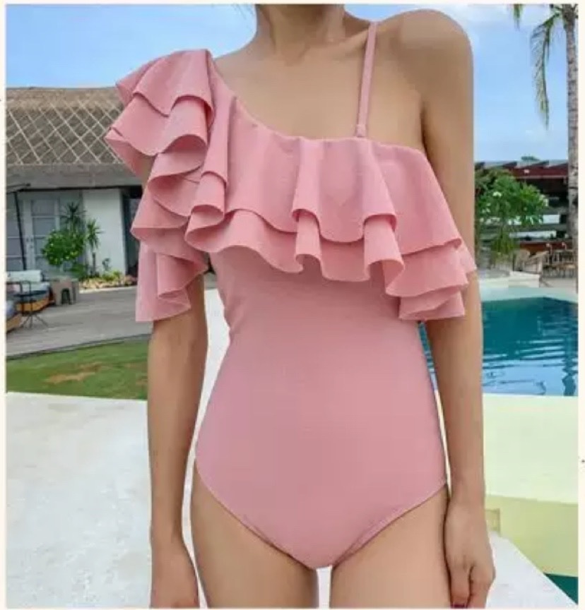 水着 ビキニ スイムウェア ワンピース水着 体系カバー水着 ワンピース ワンショルダー ワンショル 体系カバー 二の腕カバー フリル 胸元 盛れる 小胸 かわいい 大人可愛い きれいめ セクシー シン