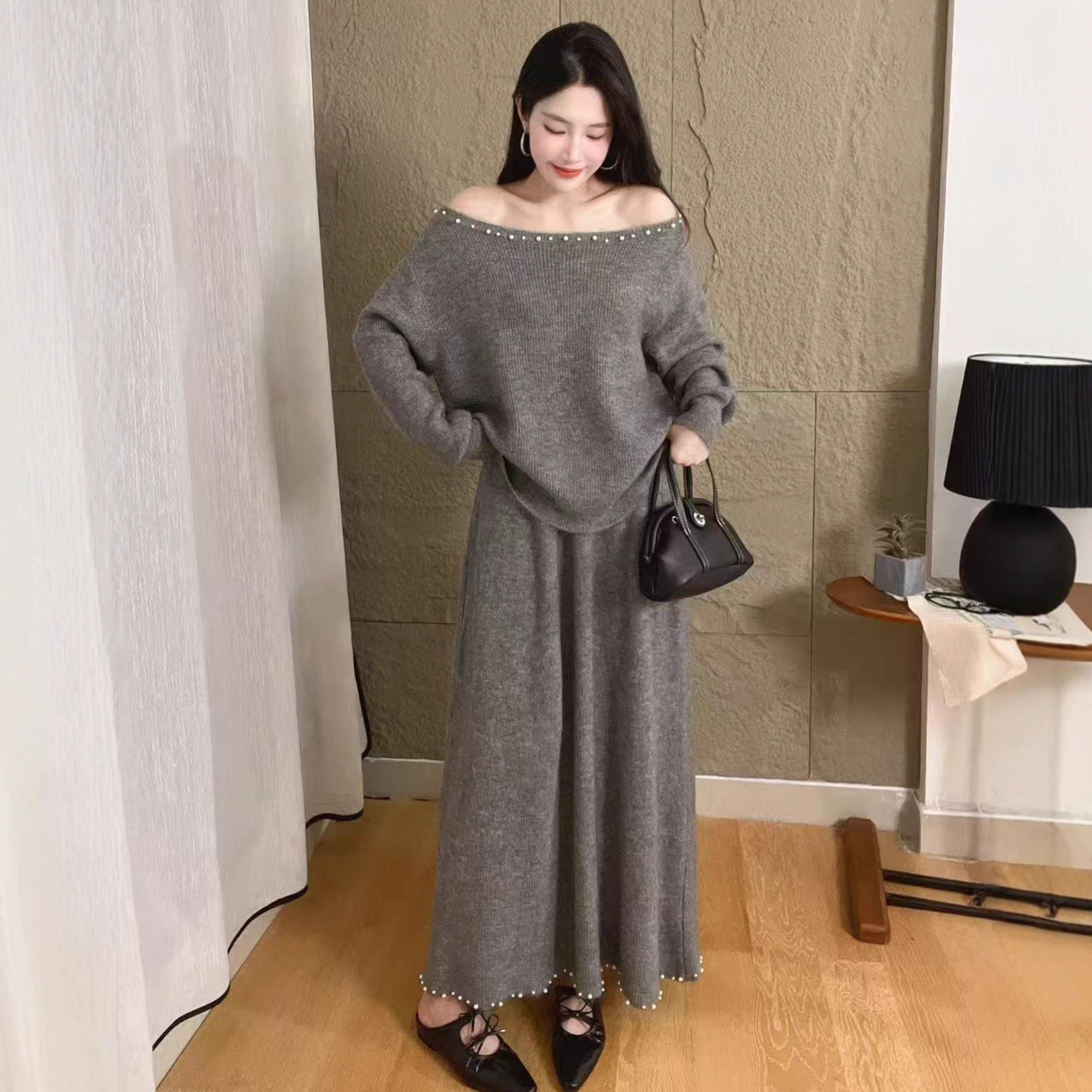 ニットセットアップ女2025秋冬透かし編みビーズセーター半身ロングスカートセットアップ