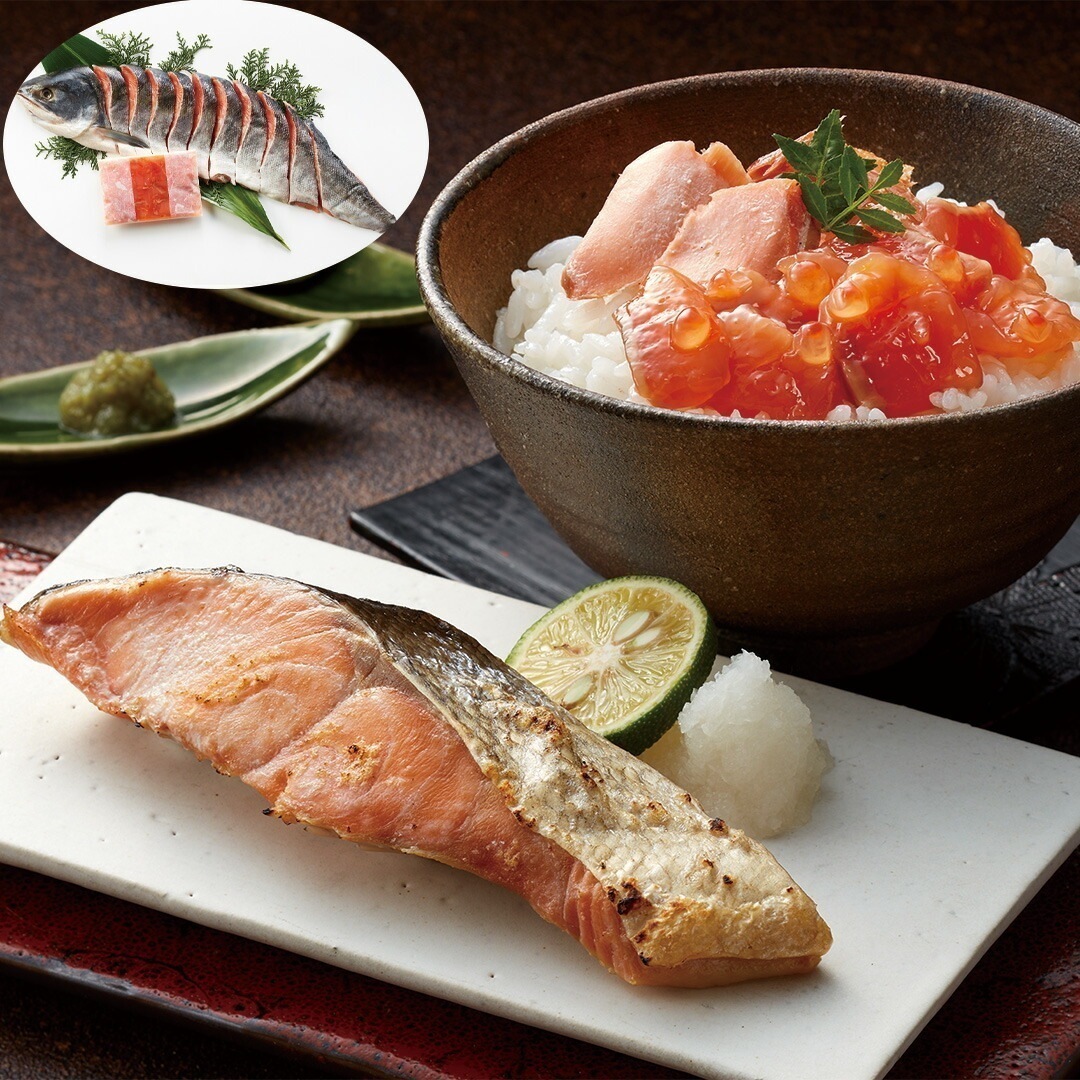 北海道産 新巻鮭&鮭といくらのルイベ漬セット 北海道産新巻鮭姿切身（半身2分割真空）700g1鮭といくらのルイベ漬100g1 【産直メーカー直送品】