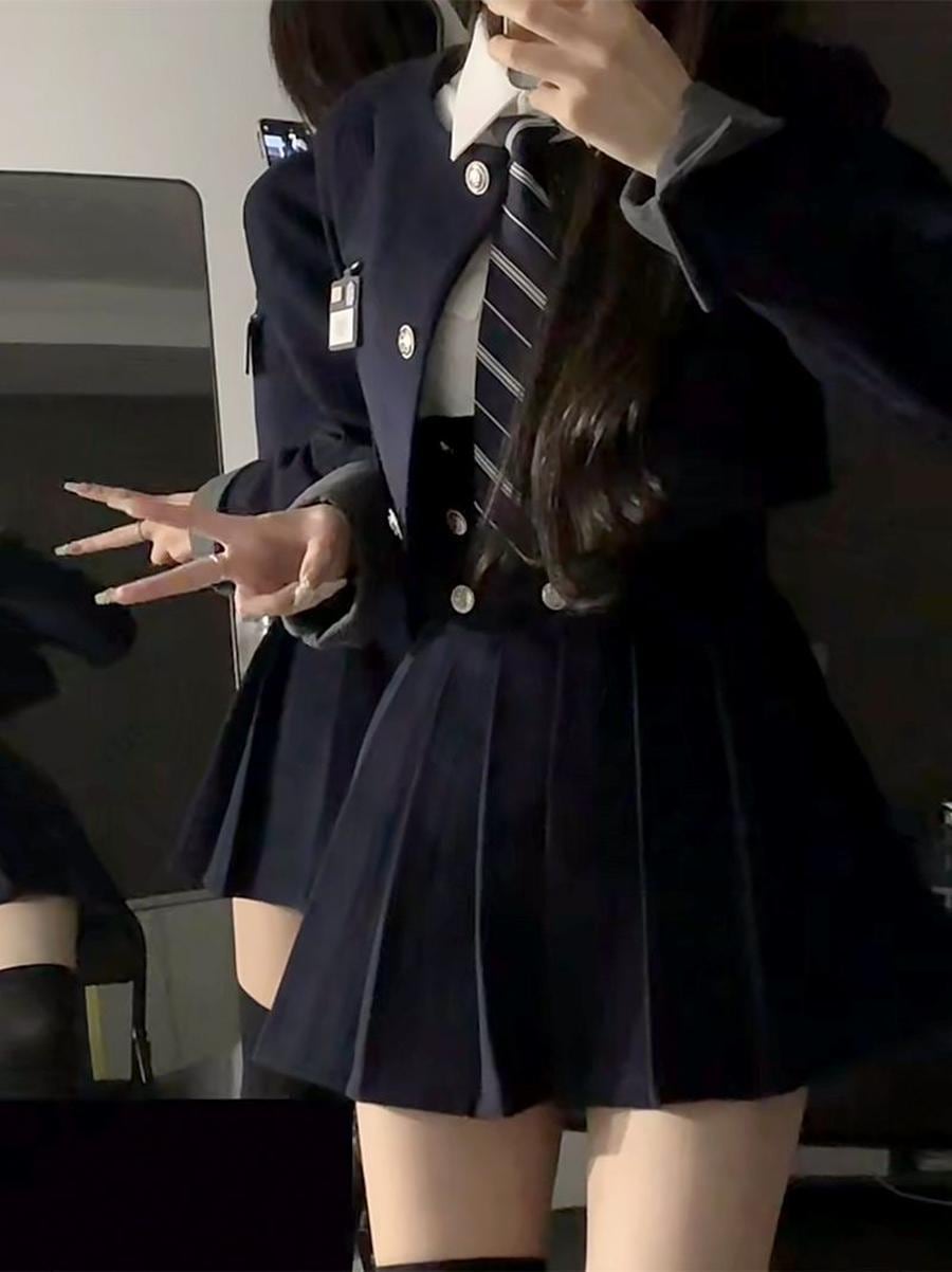 冬アウター 涼しく楽ちんセットアップ制服学院風小さいスーツコート女性シャツネクタイ上着と百タックバックスカートつセット韓国ファッション 通勤