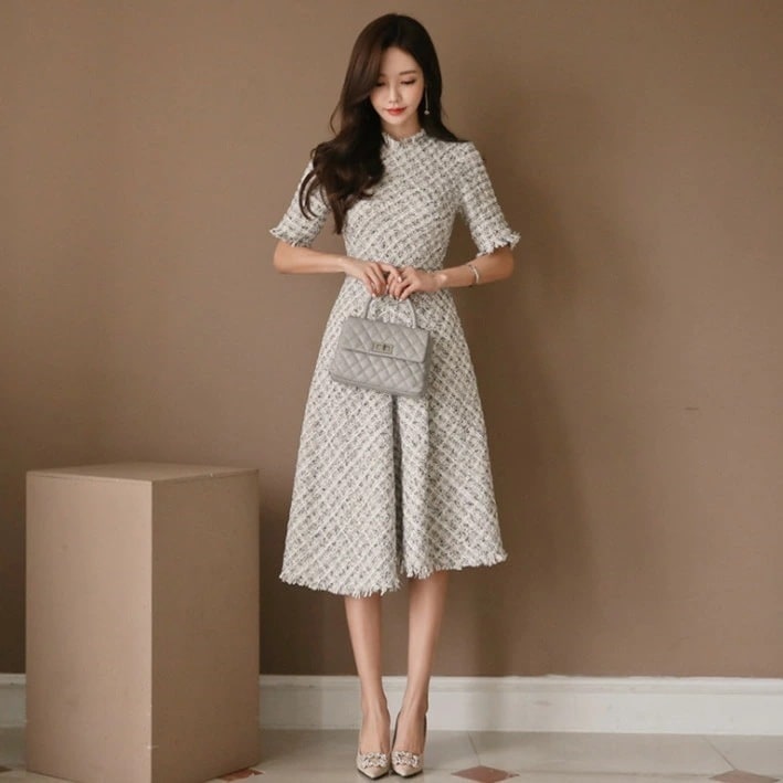 【即納】春秋ワンピース レディースワンピ　フォマールワンピース　ひざ丈ワンピース　チェック柄　ミディアム丈　お出かけ　半袖　結婚式　二次会　パーティー　セクシー　ＯＬ　仕事