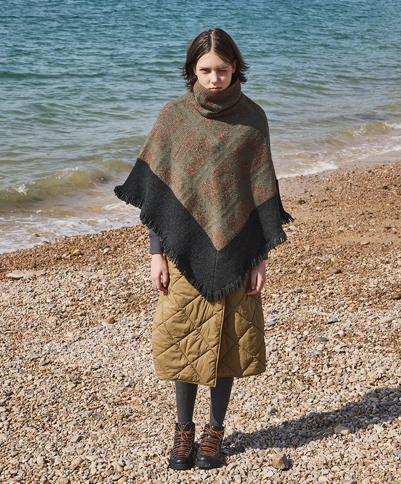 UNBALANCE CHECK KNIT SHAWL [BROWN]