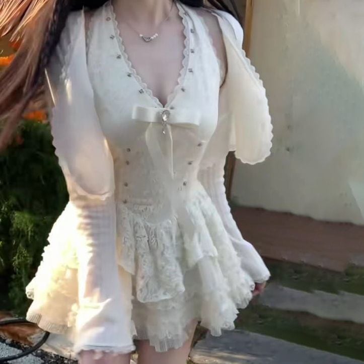 二点セット 新しい春の新しい甘い純粋なスタイルスリムボウドレスカーディガンツーピーススーツ