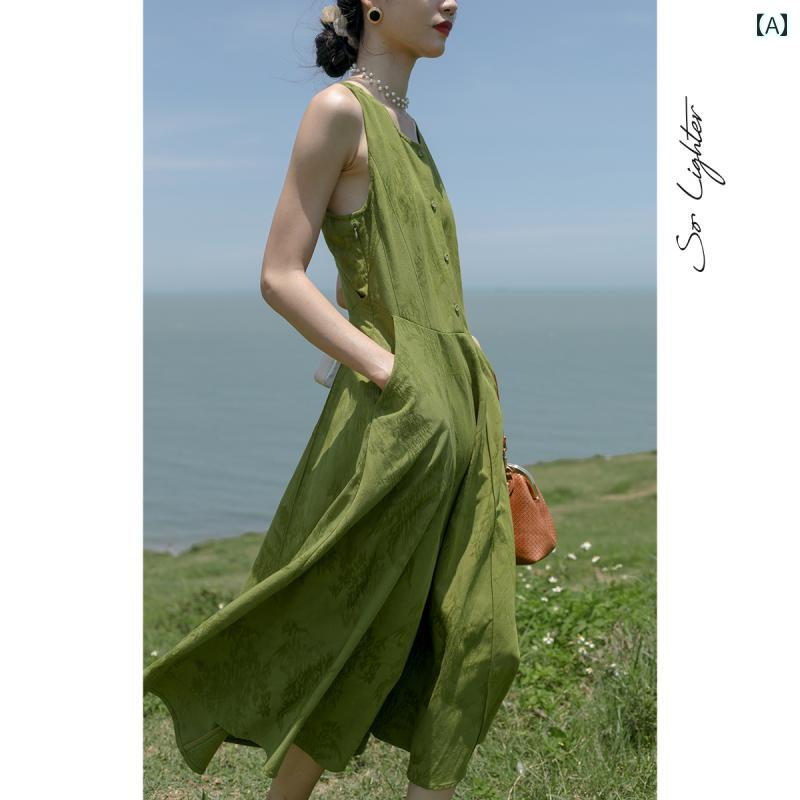 スカート　ドレス　ノースリーブ ソ ライト ベスト サスペンダー ドレス ノースリーブ グリーン スリム 鎖骨 露出 背中 ロング 夏