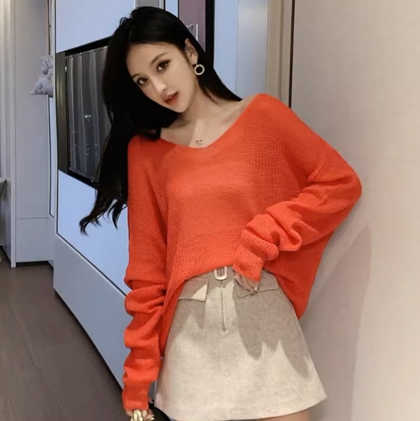 レディース トップス ニット セーター プルオーバー 長袖 ドロップショルダー Vネック ワイド オーバーサイズ ローゲージ 透け感 ニット モヘア 伸縮性 かわいい 大人可愛い きれいめ