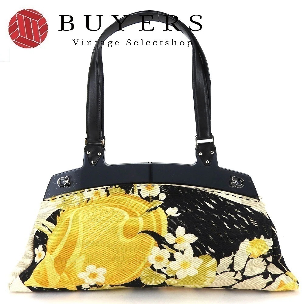 中古 トートバッグ AQ-21 4317 ガンチーニ キャンバス レザー プラスチック NERO ブラック イエロー 総柄 レディース 女性