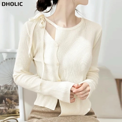 リブリボンスリットアンバランスダイアゴナルボタンニット・1956455