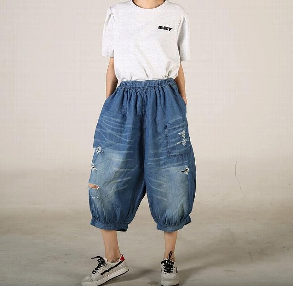 品質は誓う大きいサイズ レトロ 破れ ゆったり シンプル レディースデニムパンツ 痩せ見えパンツ デニムパンツ