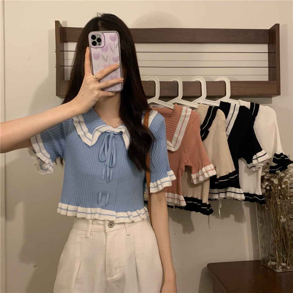 2024年夏新作デザインニッチフリルドールカラーセーター半袖tシャツレディース夏フレンチシック