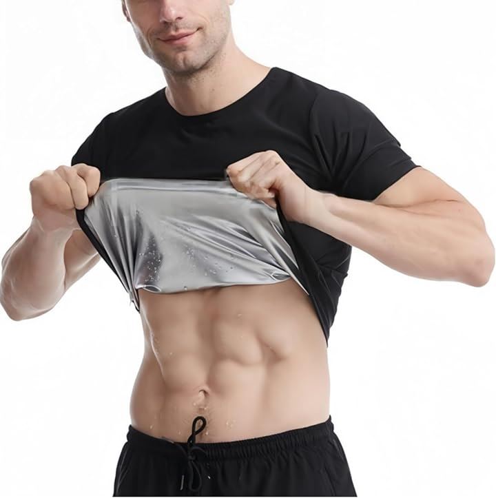 ヒートラップシャツ サウナスーツ 大きいサイズ 着る 家庭用 tシャツ メンズ スポーツウェア ランニングウエア トレーニングウェア ウォーキング フィットネス(ブラック, L-XL)