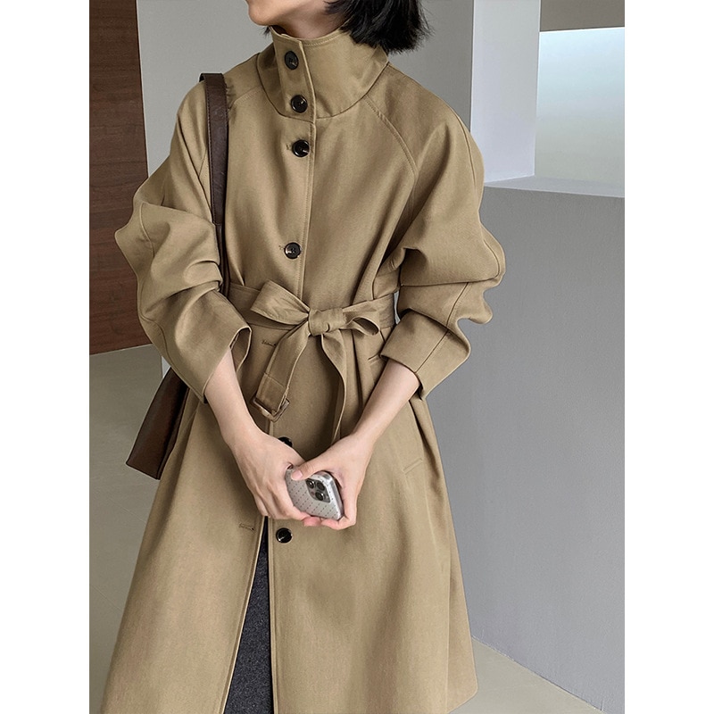 Jiangzuo クラシック シングルブレスト テンセル スタンドカラー ウインドブレーカー女性用エレガント ジャケットロングレイジー スタイル膝上秋 6118