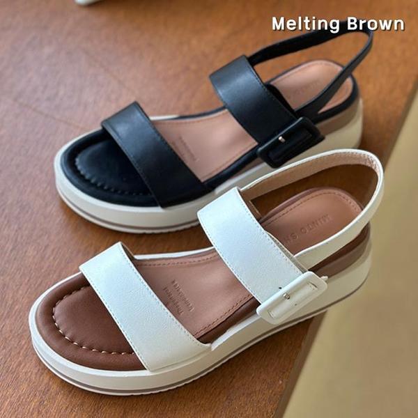 女性用牛革デイリープラットフォームストラップサンダル