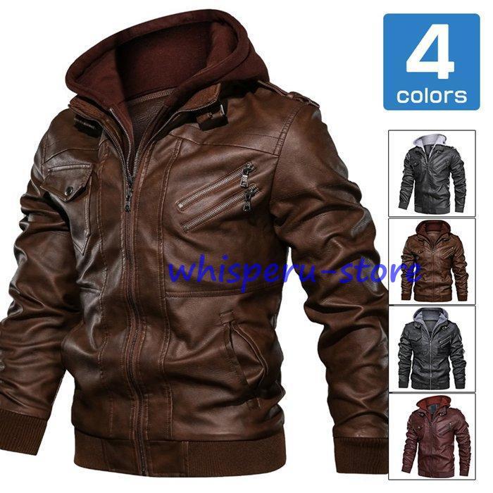 ライダースジャケット メンズ レザー ジャケット フード着脱可能 シングルライダース パーカー フード アウター バイク 革ジャン