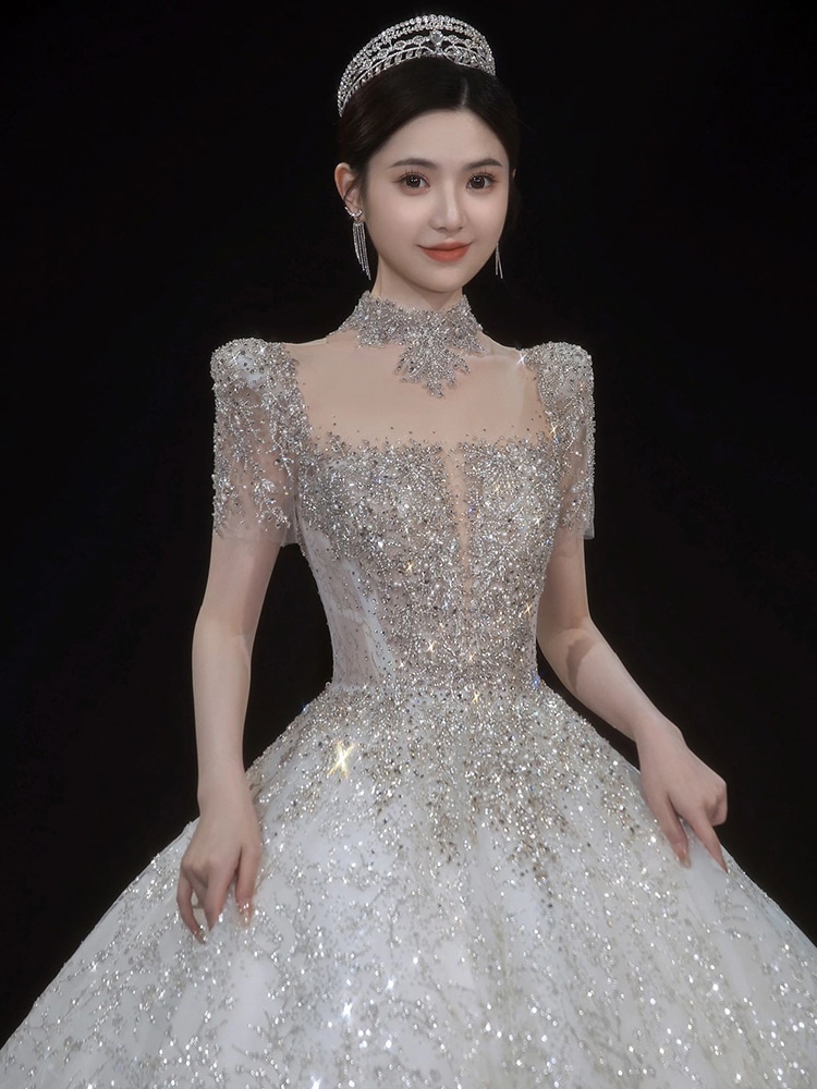 ウェディングドレス 袖あり 立ち襟 スパンコール キラキラ 素敵 キレイめ 花嫁ドレス 結婚式ドレス トレーンドレス バックリボン オシャレ 海外挙式 披露宴5