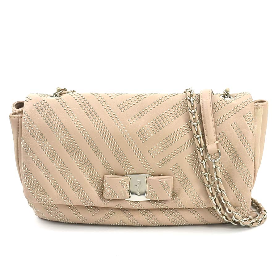 サルヴァトーレフェラガモ Salvatore Ferragamo ショルダーバッグ ヴァラリボン レザー/メタル ピンクベージュ レディース h30582a